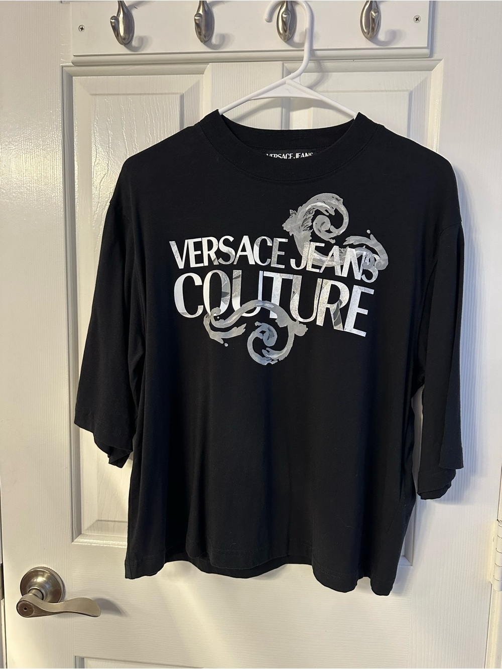 Versace Jeans Collection Women Black Tee with Silver Logo Swirl